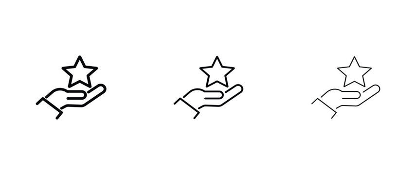 Minimalist star in hand icon set, linear rating and feedback symbols, black outline quality and success graphics for business UI design