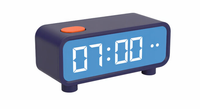 Digital alarm clock with a dark blue case and orange button showing seven o'clock