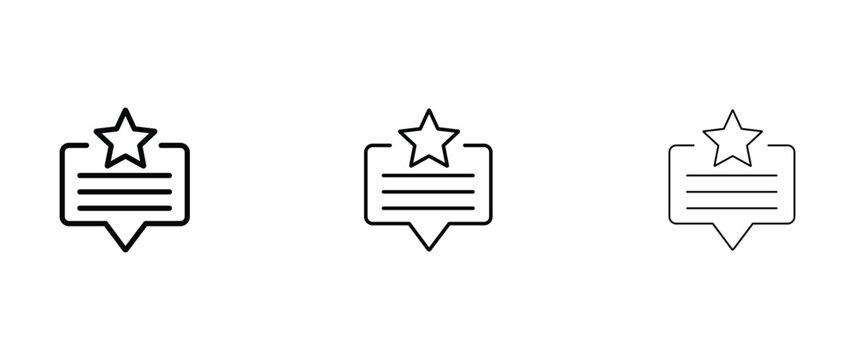 Minimalist review icon set with star and speech bubble, black outline feedback symbols in three stroke weights, customer testimonial vector graphics