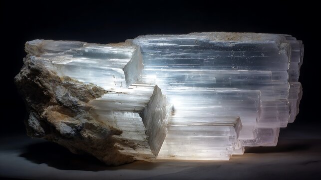 Natural Selenite Crystal Specimen with Translucent Layers on Dark Background.