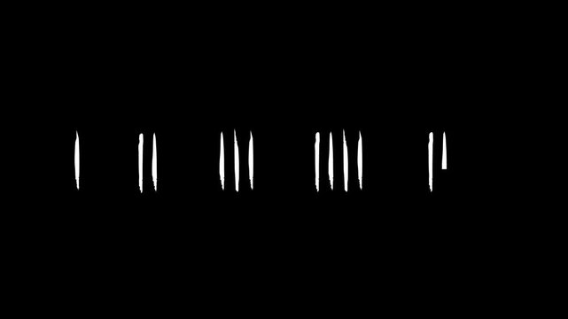 Tally mark animation, tally line with brush stroke style, hash line, tally marks 1-5, game score, black background, 4K video