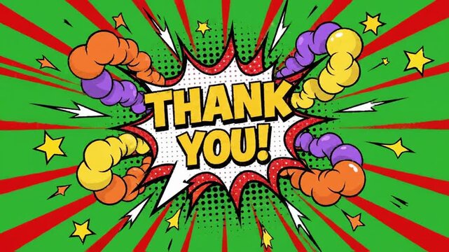 Thank you message using retro cartoon comic bubbles with explosive designs and bright colors in a dynamic setting