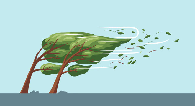 Cartoon trees bending in strong wind against a clear sky