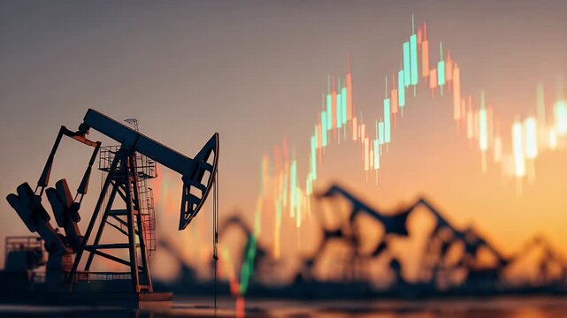 Oil pump jack working at sunset with a dynamic stock market chart overlay showing financial trading fluctuations in energy sector economy representing global crude oil price changes and volatility.