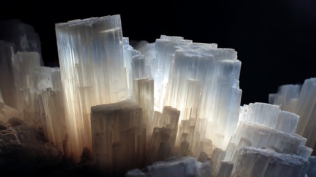 Stunning macro shot of glowing translucent selenite gypsum crystal cluster.