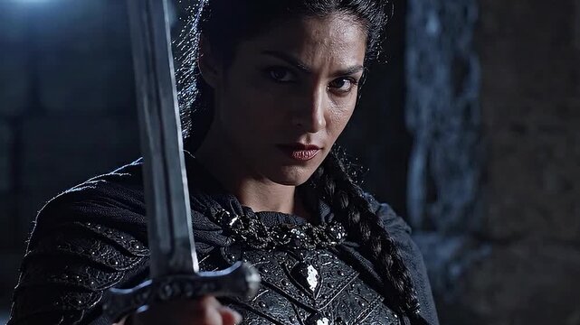 Fierce warrior woman with sword in dark fantasy setting.