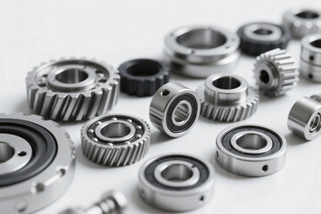 Obraz premium automotive mechanical parts including gears, bearings, and metal components arranged in a clean and structured composition.