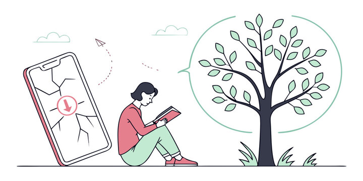 Digital detox concept with person reading book near tree and cracked smartphone screen illustration unplugged technology minimalism lifestyle mindfulness disconnect smartphone outdoors