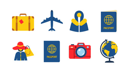 Fototapeta premium Travel Icons Set: Suitcase, Airplane, Camera, Passport, Globe, Tourist