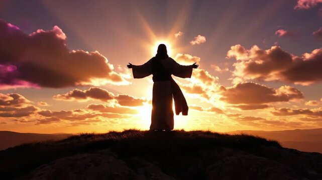 Jesus silhouette stands on hill crest against sun as clouds gather in sky during evening