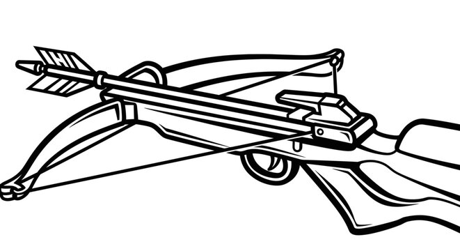 Black and white illustration of a crossbow with an arrow ready to fire