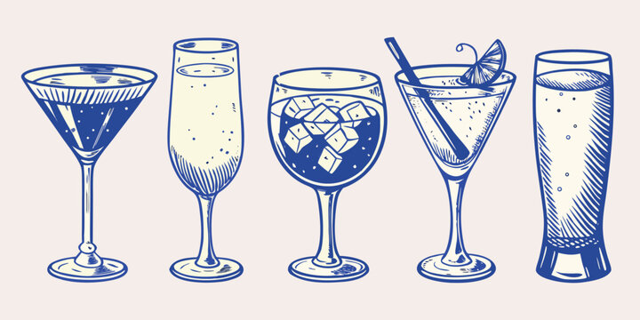 hand drawn blue line art of various cocktail glasses