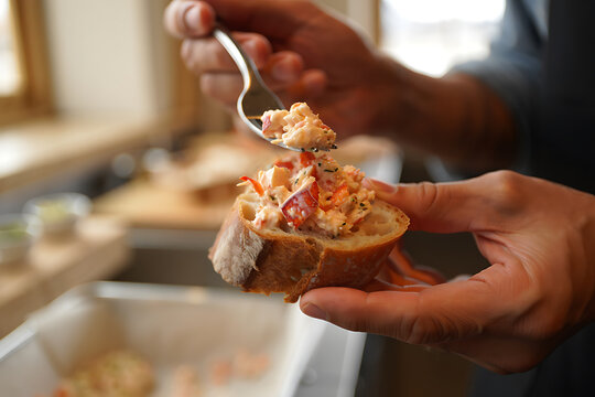 Hands topping baguette slice with creamy seafood salad filling preparation crostini