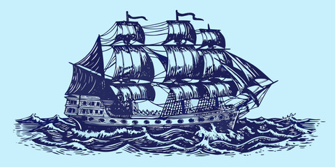 Historic sailing ship illustration with detailed rigging and waves © Juran