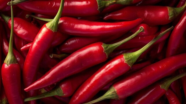 macro red chili peppers background with glossy texture and green stems