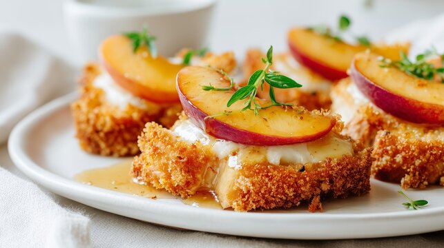 peach burrata crostini with honey drizzle gourmet appetizer on white plate