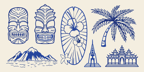 tropical travel icons including tiki masks flowers and landmark buildings © Juran