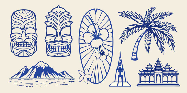 tropical travel icons including tiki masks flowers and landmark buildings