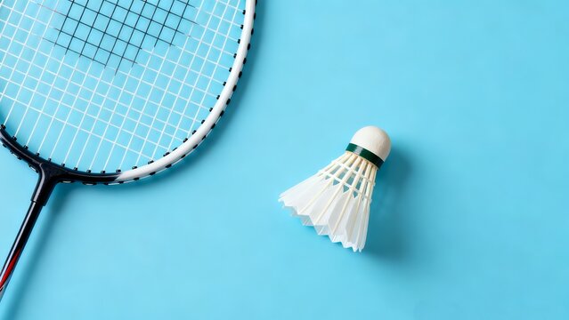Minimal Badminton Concept with Racket and Shuttlecock on Blue Background