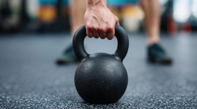 Man lifting a heavy black kettlebell from the textured gym floor, focusing on strength and fitness training