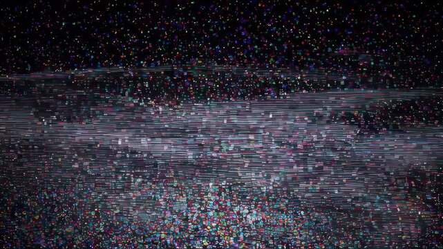 Abstract Digital Glitch Particle Explosion Colorful Noise Texture Background with Static Error Distortion, Motion Blur Dark Data Stream, Fragmented Shape and Futuristic Pattern