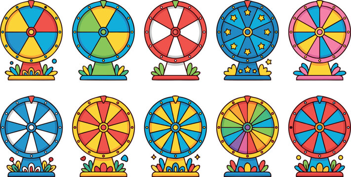 Colorful Lucky Spin Fortune Wheel Vector Illustration Collection Set Featuring Various Vibrant Designs For Casino Games Contests And Prize Giveaways