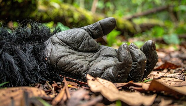 Close up of apes hand resting on forest floor surrounded by foliage