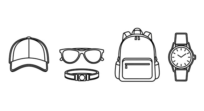 Accessories collection backpack watch sunglasses belt and cap outlined