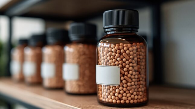 Homeopathy globules filling a brown glass bottle on a wooden shelf, representing natural medicine and alternative therapy