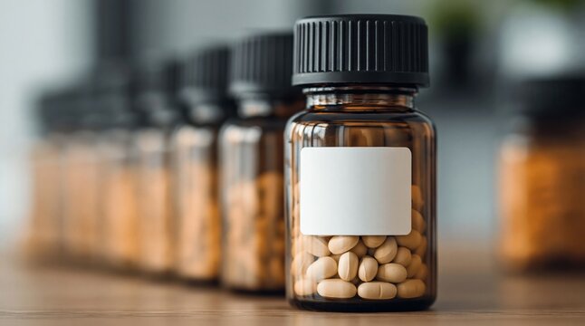 Medicine bottles filled with beige pills, featuring a blank label on the front bottle, representing health, treatment, and pharmaceutical care