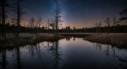 Fototapeta premium A tranquil night landscape showcasing a starry sky reflected in calm water with silhouetted trees and a forest horizon.