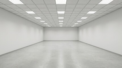 Obraz premium A large empty room with white walls and a tiled ceiling is shown from an interior perspective.
