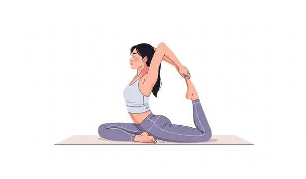Asian woman doing yoga pigeon pose side view vector illustration eka pada rajakapotasana wellness exercise isolated on white