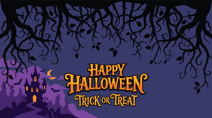 Stylized Happy Halloween banner featuring a spooky haunted castle and silhouette branches against a dark purple moonlit sky. © rama coloring studio