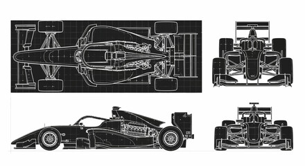 Fototapeta premium Technical blueprint featuring orthogonal views of a racing car displayed on a grid background, showcasing the vehicle's design and engineering in a monochrome, detailed illustration