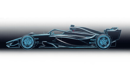 Fototapeta premium Side view of a sleek, futuristic Formula One race car with glowing blue accents, rendered with a digital illustration technique against a gradient background, evoking a sense of speed