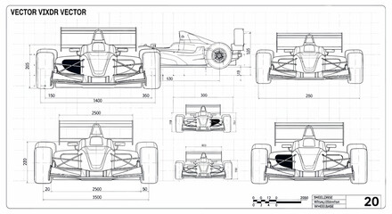 Fototapeta premium Technical blueprint of a race car displayed in multiple orthogonal views with precise dimensions and annotations on a light blue grid background, offering detailed insights