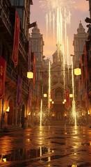 Naklejka premium Fantasy medieval city street at night with magical glowing golden light beams.