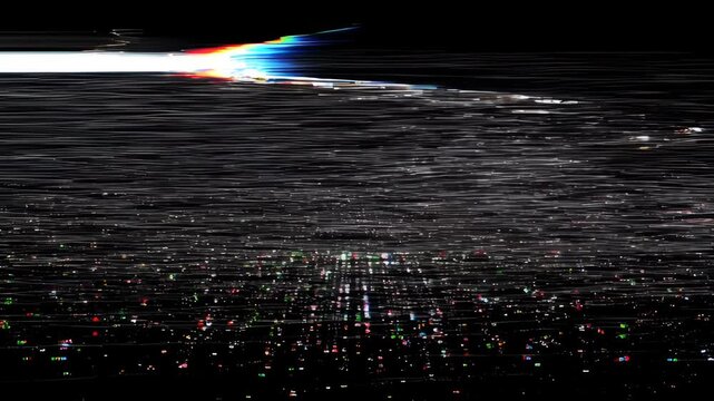Abstract digital glitch over dark city skyline with colorful light streak and distorted data noise, dark abstract digital landscape with scattered light points and horizontal noise lines