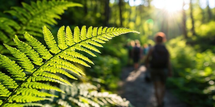 Green fern frond close-up in a sunlit forest, people walking on a trail in the blurry background, exploring nature
