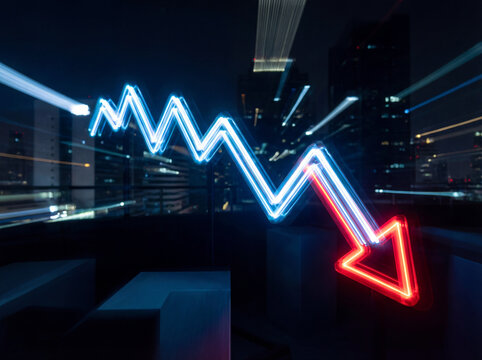 Abstract graph line falling sharply across dark background with glowing red arrow bearish trend