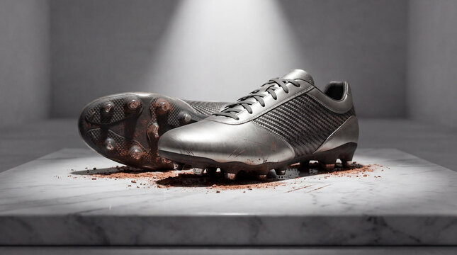A pair of sleek titanium cleats positioned on pristine white marble surface luxury sport design