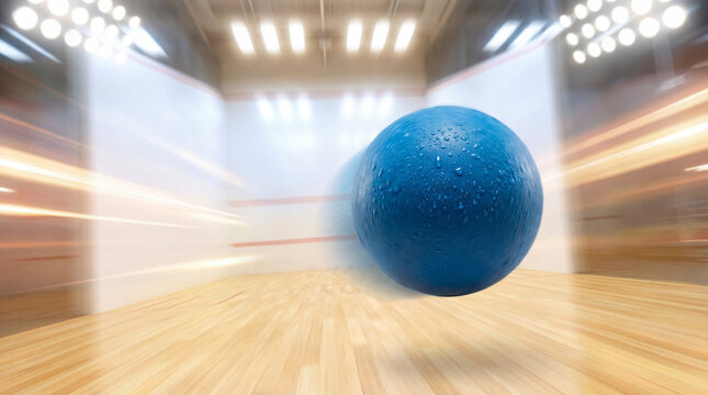Racquetball Ball in Mid Air with Glistening Textured Surface Under Vibrant Studio Lights Action Shot