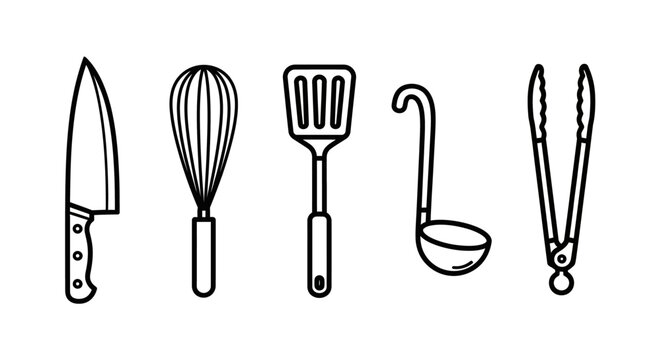 Line art kitchen utensils set knife whisk spatula ladle tongs isolated