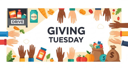 Fototapeta premium Giving Tuesday food drive illustration with diverse hands and supplies