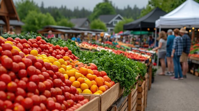 Shoppers browsing colorful displays of ripe red and yellow tomatoes, fresh green vegetables, and other organic produce