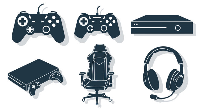 Gaming Setup Icons: Controllers, Console, Chair, Headphones, and Console Box