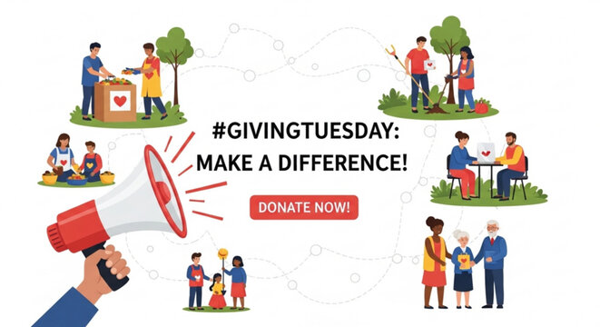 Giving Tuesday awareness poster with megaphone and volunteers