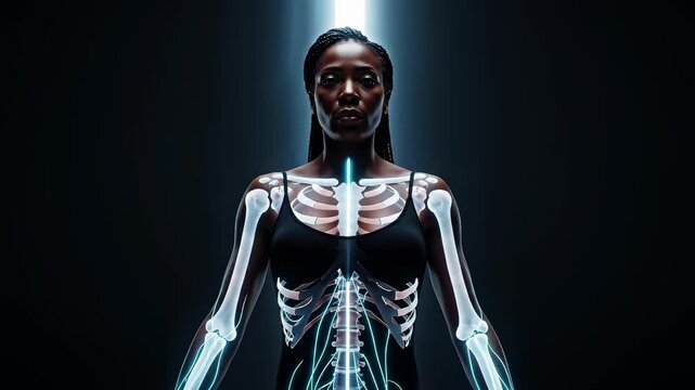 woman standing under light beam representing downward force as internal skeletal and muscular structures distribute load through the body in a balanced alignment