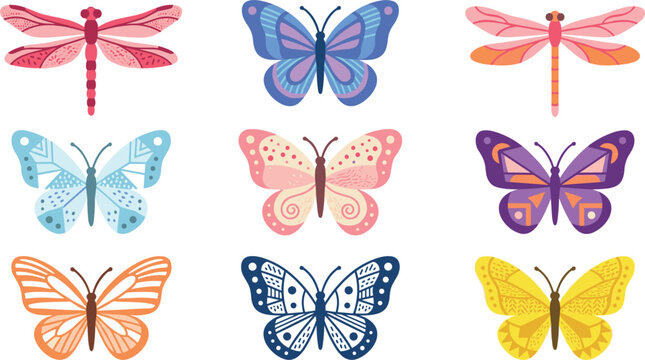 Colorful Vector Illustration Set of Stylized Butterflies and Dragonflies with Decorative Ornate Wing Patterns Isolated on White Background